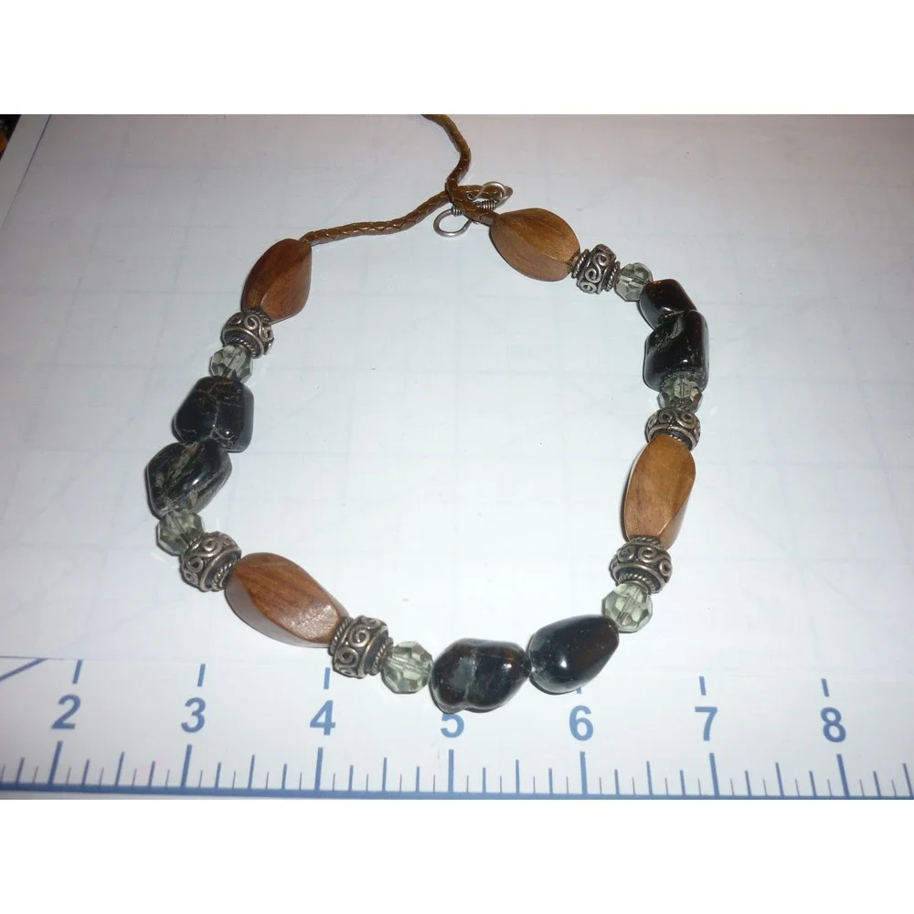 Chunky Beaded Necklace Wood Stone Glass Silver Tone S-Hook Clasp Brown Black 17